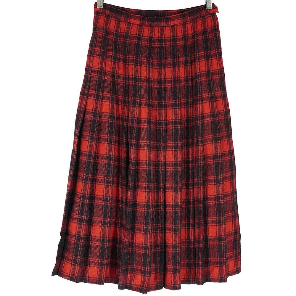 Vtg Pendleton Plaid Pleated Midi‎ Skirt Women Size 12 Red Black Wool Turnabout - Picture 2 of 8